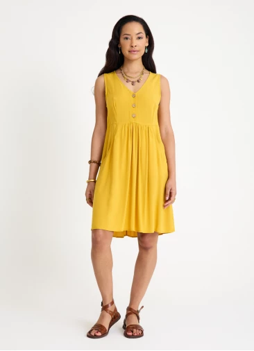 V Neck Button Detail Sleeveless Yellow Casual Dress 4578